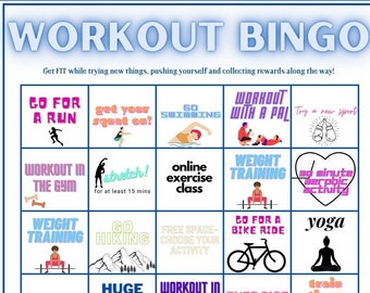 Könnte beinhalten: Workout Bingo-Spiel mit Fitness-Aktivitäten. Die Bingo-Karte enthält Felder für Laufen, Schwimmen, Krafttraining, Yoga und mehr. Die Karte enthält auch Anweisungen zum Ausfüllen der Belohnungen.