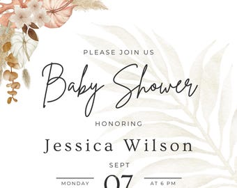 Convite para chá de bebê com capim-dos-pampas boho | Modelo editável do Canva | Convite para chá de bebê para impressão | Design floral neutro | Download instantâneo