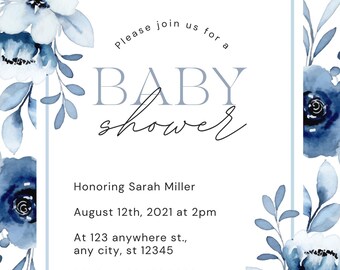 Convite para chá de bebê com estampa floral azul | Convite rústico para impressão | Modelo editável do Canva | Download instantâneo | Chá de bebê | Convite faça você mesmo para chá de bebê