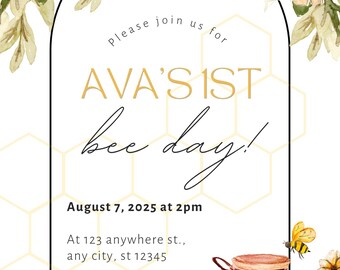 Convite de Aniversário para o Primeiro Dia das Abelhas | Festa de Abelhas | Modelo Editável do Canva | Convite de 1º Aniversário | Festa Temática de Abelhas | Download Instantâneo