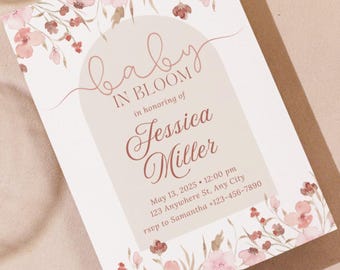 Convite para chá de bebê com estampa floral de primavera | Modelo editável do Canva | Convite para impressão | Download digital para chá de bebê | Download instantâneo