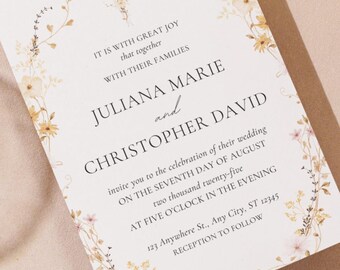 Convite de casamento para impressão | Modelo editável do Canva | Convite de casamento com flores silvestres | Download instantâneo | Casamento primavera-verão | Boho elegante