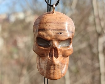 Handmade Walnut Wood Skull Necklace: Gothic Halloween Pendant