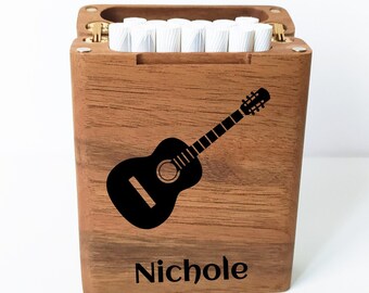 Unique Guitar Gift Personalized Cigarette Case Made of Walnut Wood With Guitar Engraved On It, Custom Name Guitar Lover Gifts