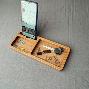Handmade Wood Desk Organizer: Office Storage Tray with Phone Dock