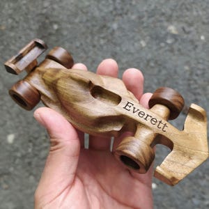 Wooden F1 Model Car: Handcrafted Walnut Racing Toy With Custom Name or Number