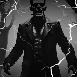 May include: A black and white illustration of Frankenstein's monster with the title "Frankenstein" in red. The author's name, Mary Shelley, is also in red, with the subtitle "The Modern Prometheus" below. Lightning bolts frame the figure.