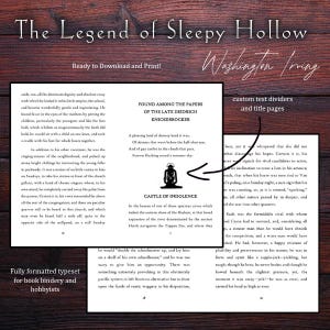 May include: A printed page from "The Legend of Sleepy Hollow" with text and illustrations. The design includes custom text dividers, title pages, and is fully formatted for book bindery and hobbyists. The text is in English.