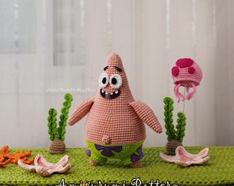 May include: A crocheted Patrick Star amigurumi doll with a smiling expression, wearing green shorts with purple accents. The scene includes crocheted starfish, a jellyfish, and seaweed. The text "Amigurumi Pattern" is visible.