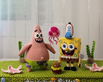 May include: Crocheted amigurumi figures of SpongeBob SquarePants, Patrick Star, a jellyfish, and a burger. The figures are on a green surface with starfish and seaweed accents. The text "Amigurumi Pattern" is visible.