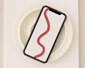 Red Aesthetic Phone Wallpaper, Red Watercolor Line iPhone Background Organic Wavy Line Modern Device Lockscreen, Minimal Handdrawn Wallpaper