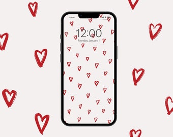 Handdrawn Cute Red Hearts Phone Wallpaper, Handpainted Little Hearts iPhone Background, Valentines Day Wallpaper Stylish Android Lock Screen