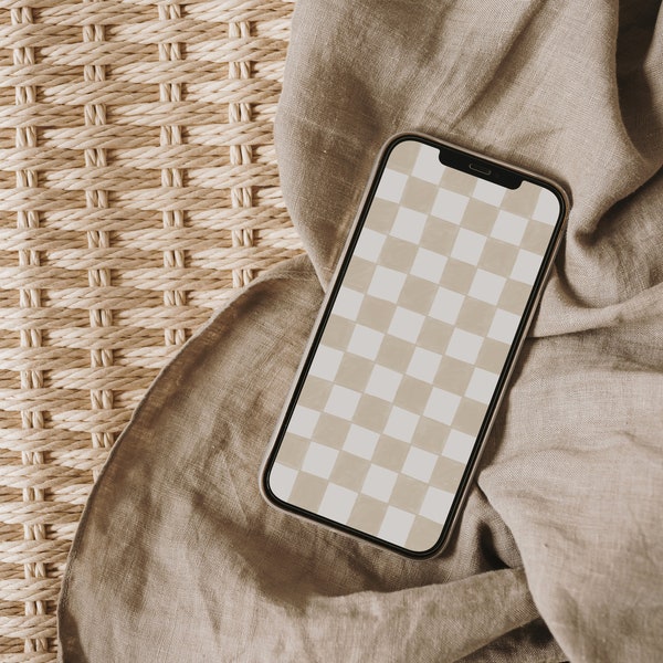 Beige Checkered Retro Phone Wallpaper, Soft Creamy Handpainted iPhone Background Trendy Aesthetic Mobile Phone Lock Screen Boho Screen Saver