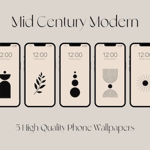 Puede incluir: Cinco fondos de pantalla minimalistas para teléfono en un estilo moderno de mediados de siglo. Cada fondo de pantalla presenta un diseño geométrico diferente en negro sobre un fondo beige. Los diseños incluyen un círculo apilado, una rama, un sol, una serie de círculos apilados y una serie de arcos apilados.