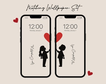 You Complete Me -  Matching Wallpaper Set, Girl & Boy Holding Heart Wallpaper Pair for Couples, Valentine's Day Gift For Her, Gift For Him