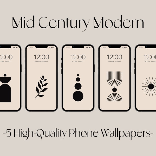 Mid Century Modern Phone Wallpaper Set of 5, Mid Century Elements Device Background Bundle, iPhone Lock Screen, Neutral Android Screensaver