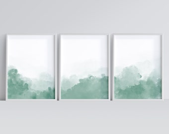 Lot de 3 impressions d'art mural aquarelle abstrait vert nuages, 3 pièces d'art mural moderne minimaliste neutre, grande oeuvre d'art murale, impressions vertes simples