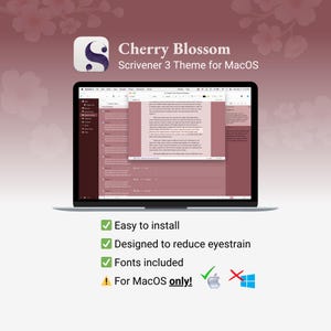 Puede incluir: Una pantalla de portátil que muestra el tema Cherry Blossom Scrivener 3 para MacOS. La interfaz presenta una paleta de colores malva apagado y rojo oscuro. El texto en la pantalla incluye: Easy to install, Designed to reduce eyestrain, Fonts included, For MacOS only!