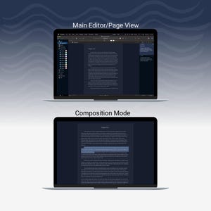 May include: Two laptops displaying a dark-themed text editor interface. The top laptop shows the "Main Editor/Page View," while the bottom displays "Composition Mode." Both screens feature text, with the lower one highlighting a section.