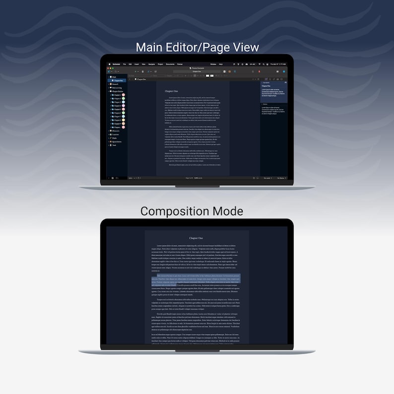 May include: Two laptops displaying a dark-themed text editor interface. The top laptop shows the "Main Editor/Page View," while the bottom displays "Composition Mode." Both screens feature text, with the lower one highlighting a section.