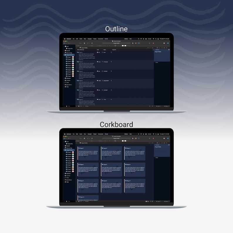 May include: Two laptops displaying a dark-themed user interface. The top laptop shows an "Outline" view, while the bottom one displays a "Corkboard" view. Both screens feature a dark blue and white color scheme, with text and icons.