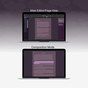 May include: Two laptops displaying a writing application interface. The top laptop shows the "Main Editor/Page View" with a document. The bottom laptop shows "Composition Mode" with highlighted text. Both screens have a purple and white color scheme.