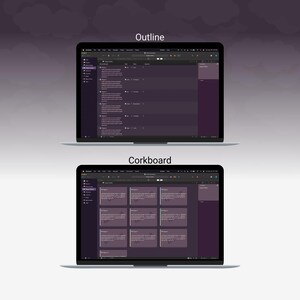 May include: Two laptops displaying a software interface with a dark purple color scheme. The top laptop shows an "Outline" view, while the bottom laptop displays a "Corkboard" view. The background is a gradient of purple and gray.
