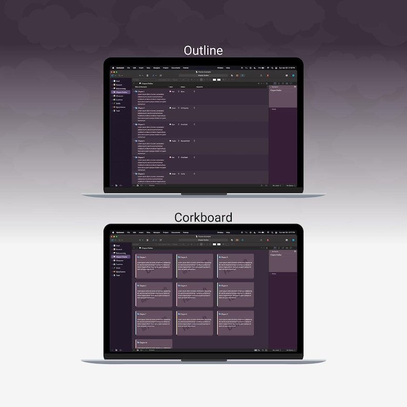 May include: Two laptops displaying a software interface with a dark purple color scheme. The top laptop shows an "Outline" view, while the bottom laptop displays a "Corkboard" view. The background is a gradient of purple and gray.