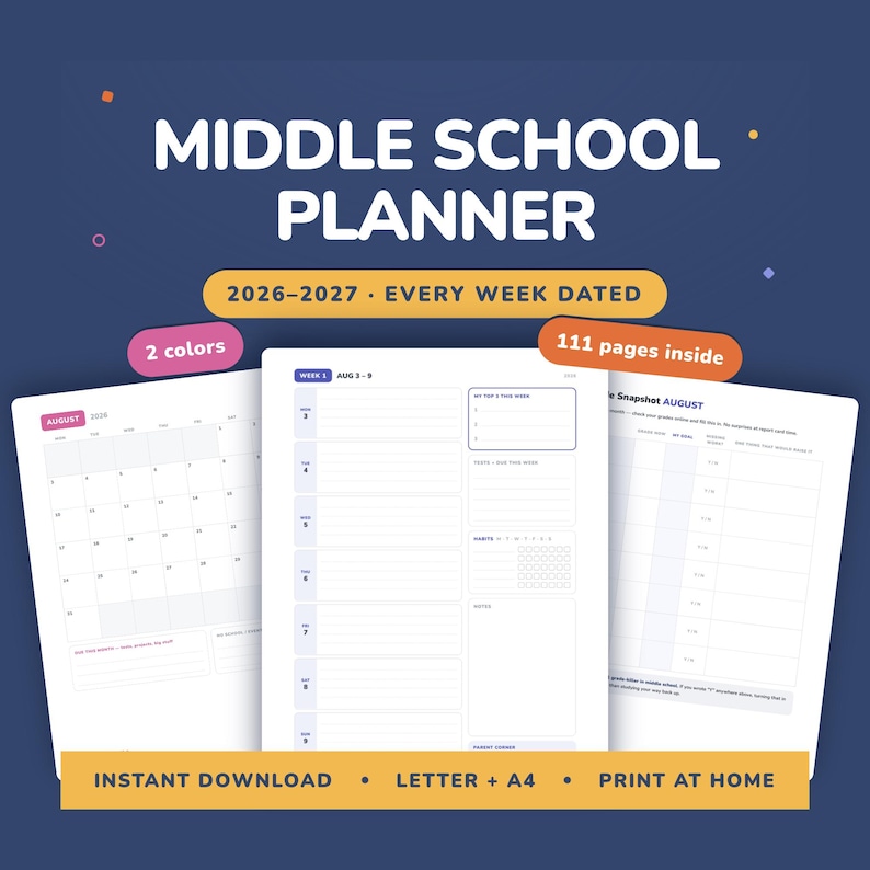 Middle School Student Planner 2026-2027 | Dated Weekly + Monthly ...