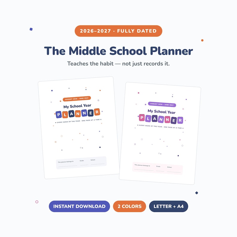 Middle School Student Planner 2026-2027 | Dated Weekly + Monthly ...