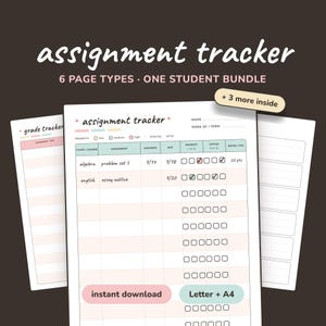 Op de afbeelding: Een digitale opdrachten-tracker voor studenten met zes paginatypes. De hoofdpagina bevat kolommen voor klas, opdracht, datum, prioriteit, status en notities. De tekst bevat assignment tracker, instant download en Letter + A4.