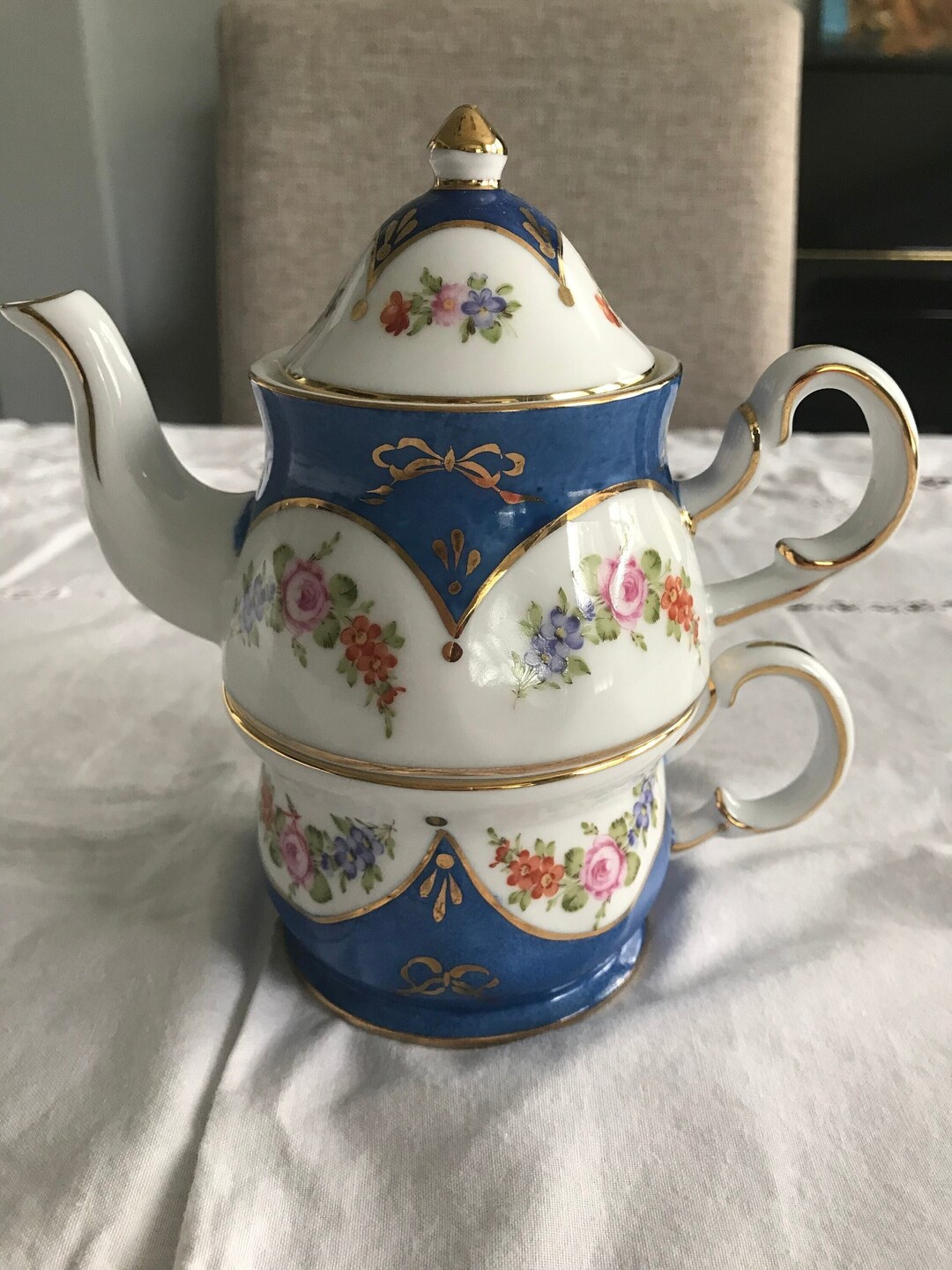 Vintage Tea for One Stackable Teapot and Teacup Floral Etsy