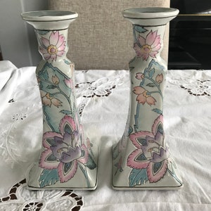 Vintage Chinese floral patterned ceramic candle holders