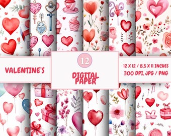 Valentine's Day Digital Paper Pack: Romantic Scrapbook Patterns (Digital Download)