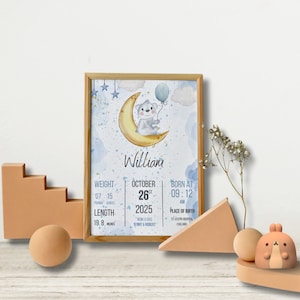 Impresión de nacimiento de bebé, regalo para bebé nuevo, arte de pared para guardería, decoración del hogar, lindo oso en la luna, póster de nacimiento digital editable, descarga instantánea