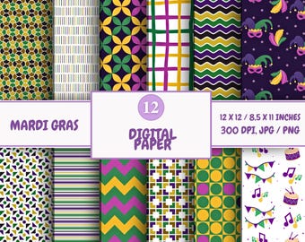 Mardi Gras Digital Paper Pack Scrapbooking Paper Craft Patterns Card 12 Seamless Backgrounds Purple, Green & Gold Patterns Two Sizes
