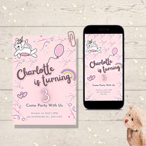 Editable Unicorn Birthday Invitation Digital Kids Party Invite Printable Template Instant Download
