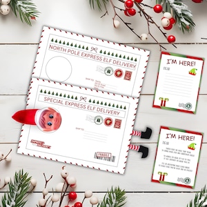 Paquete de sobres de llegada y regreso de elfo con letras editables Juego de elfo navideño imprimible Carta del Polo Norte PDF Descarga instantánea