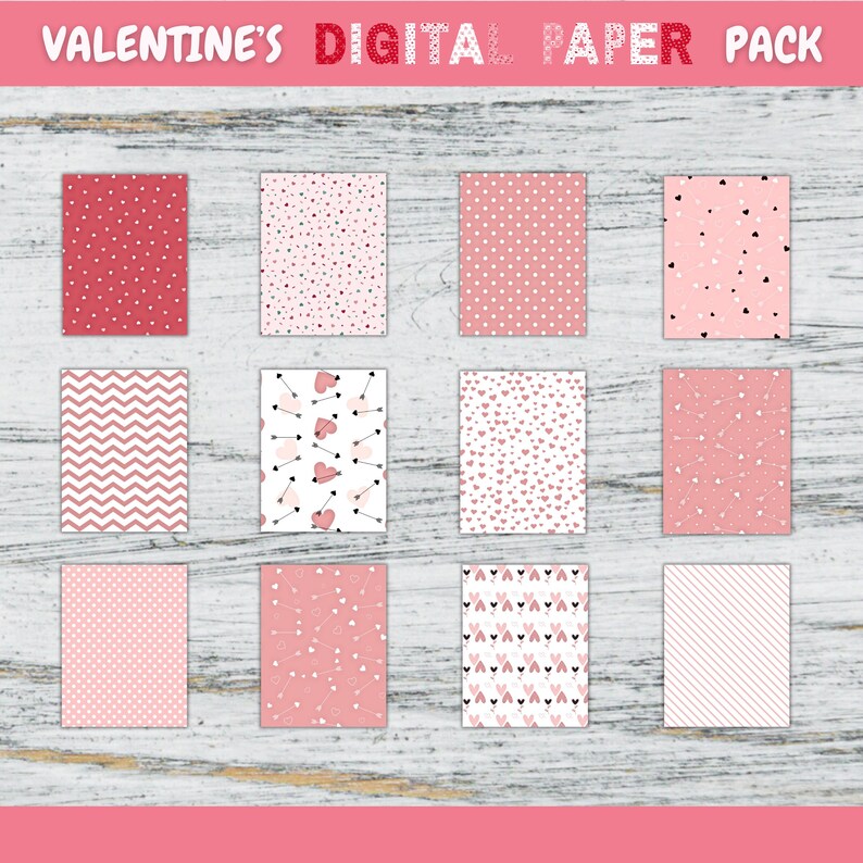 Valentine's Day Digital Paper Pack: Romantic Hearts, Scrapbook Patterns ...