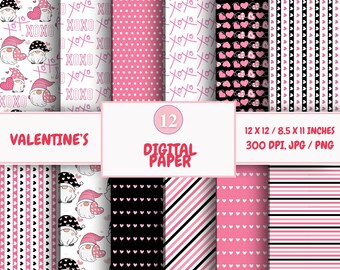 Valentine's Day Digital Paper Pack: Hearts & Gnomes (Digital Download)