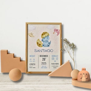 Impresión de nacimiento de bebé, regalo para bebé nuevo, arte de pared para guardería, decoración del hogar, póster de nacimiento editable digital de dinosaurio bebé, descarga instantánea
