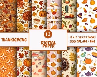 Pacote de Papel Digital para o Dia de Ação de Graças, Papel para Scrapbook de Outono (PNG, JPG)