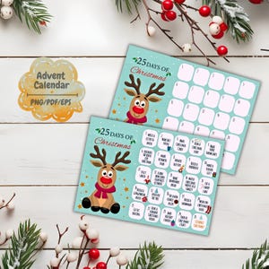 Calendrier de l'Avent imprimable - Pdf, PNG, EPS | Compte à rebours de Noël DIY | Renne mignon en téléchargement numérique instantané