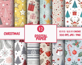 Classic Christmas Digital Paper Pack  Festive Printable Backgrounds  Scrapbook Craft Seamless Pattern