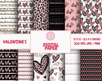 Valentine's Day Digital Paper Pack: Hearts & Leopard (Digital Download)