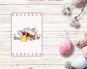 Cartes illustrées imprimables de Pâques Joyeuses Pâques célébration Voeux de vacances Design mignon poussin de Pâques Téléchargement immédiat