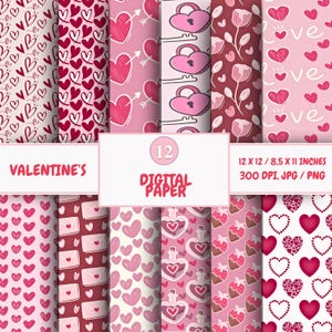 Valentine&#39;s Day Digital Paper Pack  Scrapbook Paper Romantic Craft Patterns Card Backgrounds Heart-Themed Two Sizes Instant Download