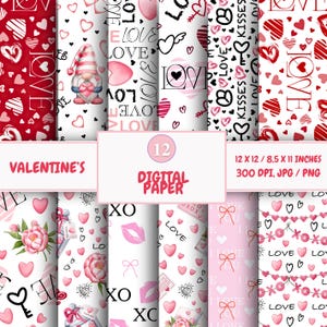 Paquete de papel digital para el día de San Valentín, papel para álbumes de recortes, patrones de manualidades románticas, fondos de tarjetas, temática de corazones, dos tamaños, descarga instantánea