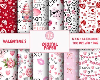 Valentine's Day Digital Paper Pack: Romantic Hearts, Scrapbook Patterns (Digital Download)