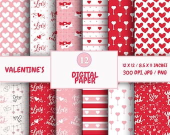Paquete de papeles digitales para San Valentín: Patrones de scrapbooking con temática de corazones (descarga instantánea)